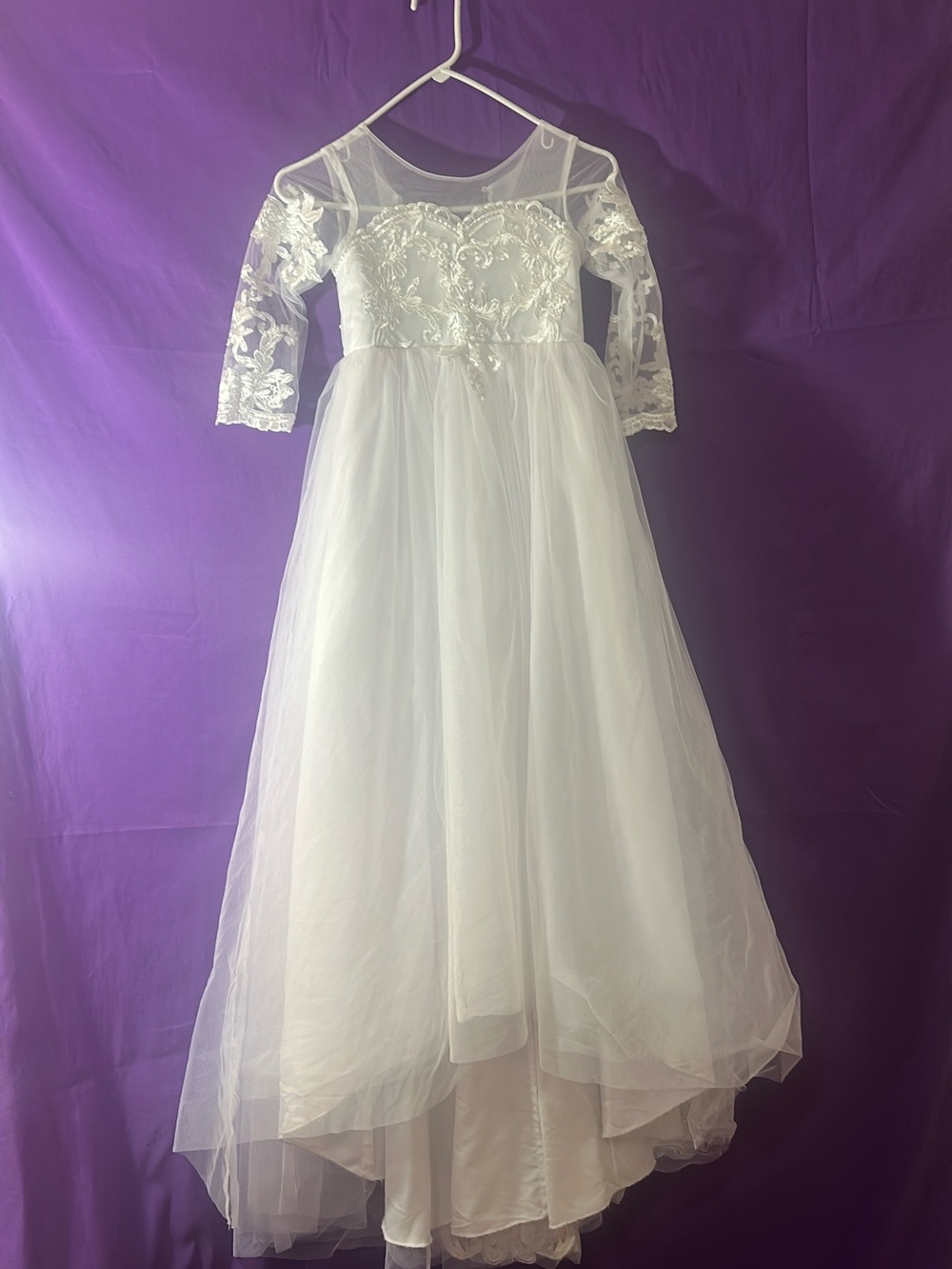 White Lace Tulle Girls' Dress with Illusion Sleeves, for 6 years old